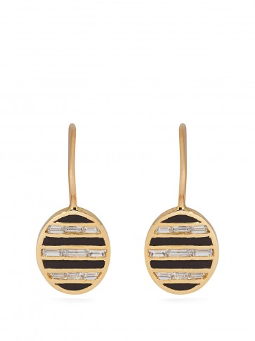 JESSICA BIALES 18kt gold, white diamond and black enamel oval drop earrings