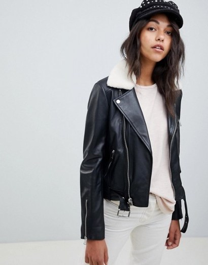Lab Leather Biker Jacket with Detachable Faux Fur Collar Black – casual luxe - flipped