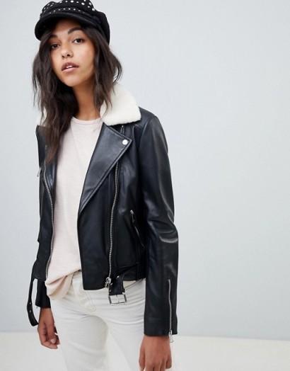 Lab Leather Biker Jacket with Detachable Faux Fur Collar Black – casual luxe