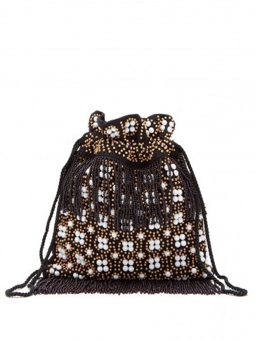 STAUD Lance bead-embroidered canvas pouch | black beaded drawstring bag - flipped