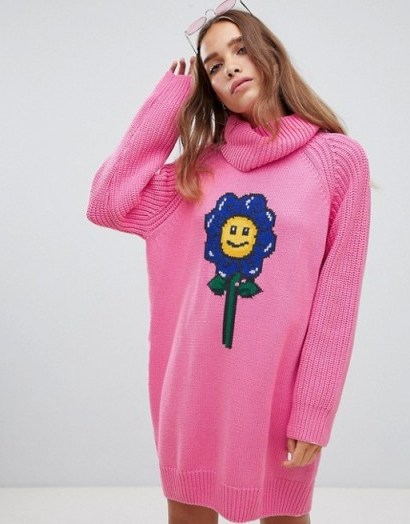 Lazy Oaf flower power sweater dress Pink – slouchy oversized knitwear - flipped