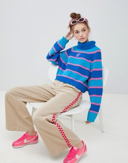 Lazy Oaf stripey roll neck jumper in blue | striped retro style sweater - flipped