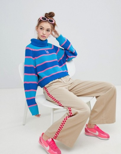 Lazy Oaf stripey roll neck jumper in blue | striped retro style sweater