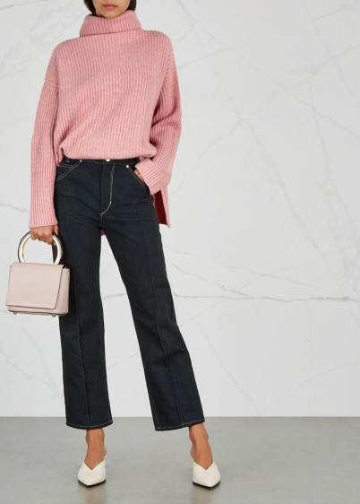 LE KASHA Lisbon pink ribbed cashmere jumper ~ roll neck, split side & dropped shoulders ~ stylish luxe knitwear