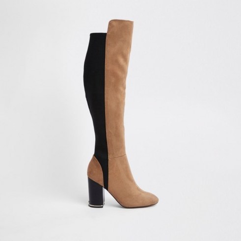 Light brown knee high contrast boots | two-tone bock heel autumn boot - flipped
