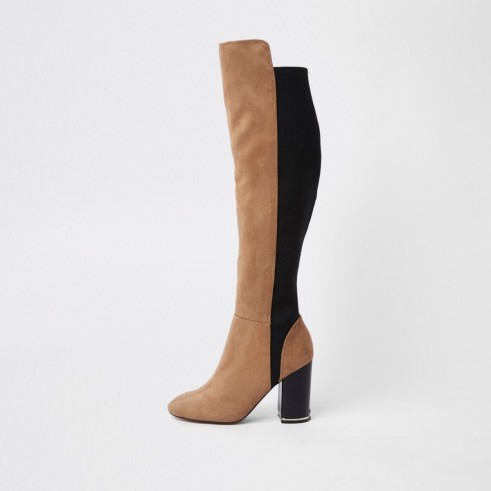 Light brown knee high contrast boots | two-tone bock heel autumn boot