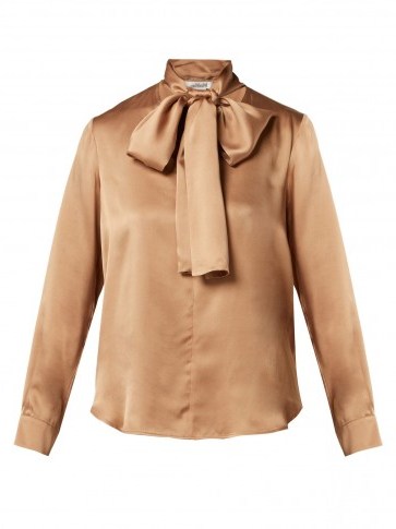 MAX MARA Lignano pussy-bow silk-satin blouse ~ camel-brown tie-neck shirt - flipped