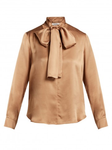 MAX MARA Lignano pussy-bow silk-satin blouse ~ camel-brown tie-neck shirt