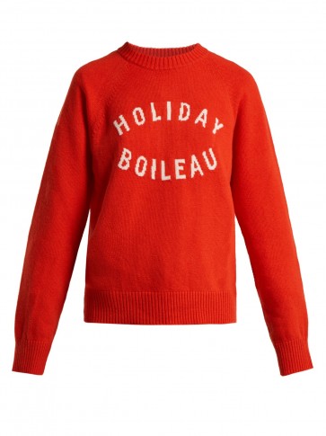HOLIDAY Logo-intarsia red virgin-wool sweater / slogan crew neck jumper