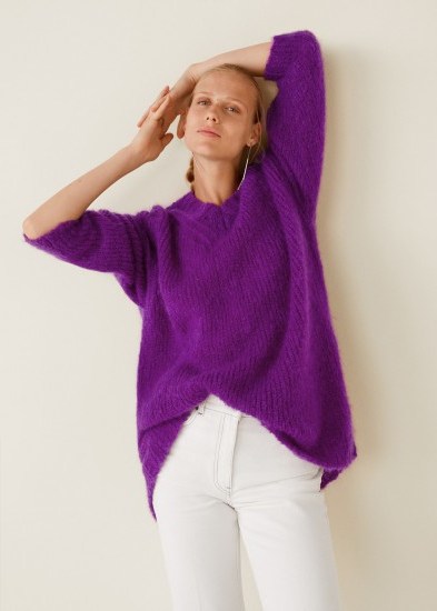 MANGO Long mohair-blend sweater in purple | fluffy V-neck jumpers - flipped