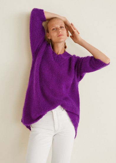 MANGO Long mohair-blend sweater in purple | fluffy V-neck jumpers