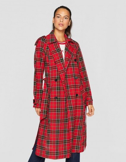 stradivarius Long red checked trench coat | stylish autumn outerwear - flipped