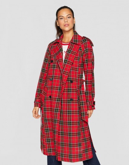 stradivarius Long red checked trench coat | stylish autumn outerwear
