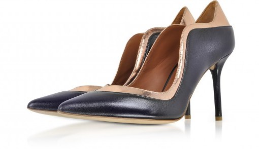 MALONE SOULIERS Penelope Midnight Blue and Metallic Rose Nappa Leather Pumps ~ sculptured curved edged courts - flipped