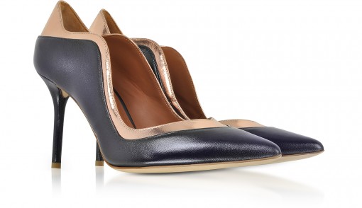 MALONE SOULIERS Penelope Midnight Blue and Metallic Rose Nappa Leather Pumps ~ sculptured curved edged courts