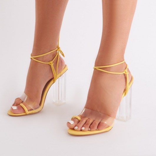 PUBLIC DESIRE MATCHA PERSPEX STRAPPY BLOCK HEEL IN YELLOW – clear high heels - flipped
