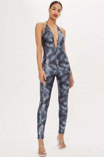 Moon Dreamers Mermaid Halter Neck Jumpsuit in Blue | fitted plunge front jumpsuits - flipped