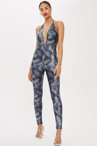 Moon Dreamers Mermaid Halter Neck Jumpsuit in Blue | fitted plunge front jumpsuits