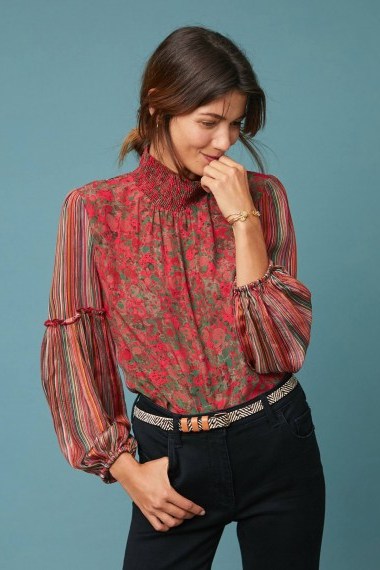 Bl-nk Mixed Motif Blouse in Red Motif | floral high-neck boho top | sheer sleeves - flipped