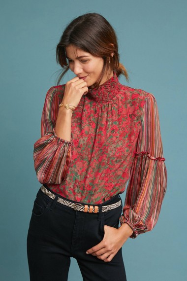Bl-nk Mixed Motif Blouse in Red Motif | floral high-neck boho top | sheer sleeves