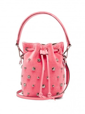 FENDI My Secrets crystal-embellished pink velvet bucket bag ~ small luxe handbag - flipped