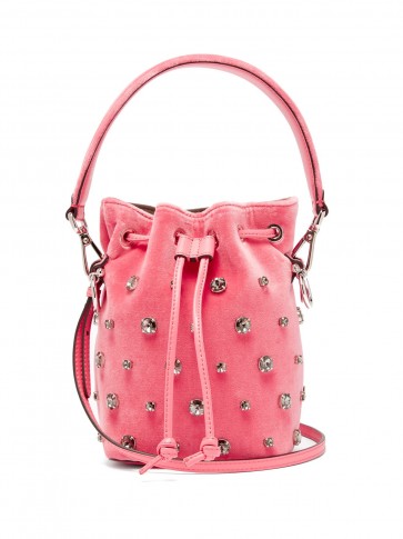 FENDI My Secrets crystal-embellished pink velvet bucket bag ~ small luxe handbag