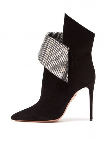 AQUAZZURA Night Fever black suede crystal-embellished ankle boots / glittering sculptural bootie - flipped