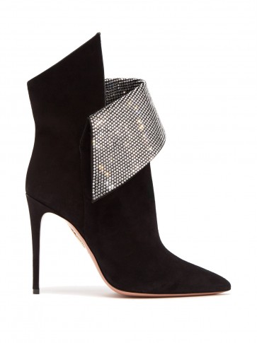 AQUAZZURA Night Fever black suede crystal-embellished ankle boots / glittering sculptural bootie