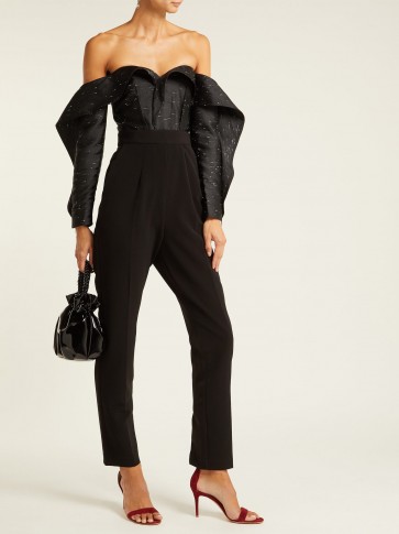 SELF-PORTRAIT Off-the-shoulder jacquard and crepe jumpsuit ~ black bardot