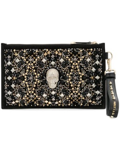 PHILIPP PLEIN skull and stud embellished clutch – studded party pouch - flipped
