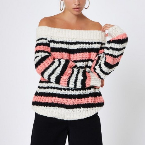 River Island Pink stripe knitted bardot jumper – casual glamour – off the shoulder knitwear - flipped