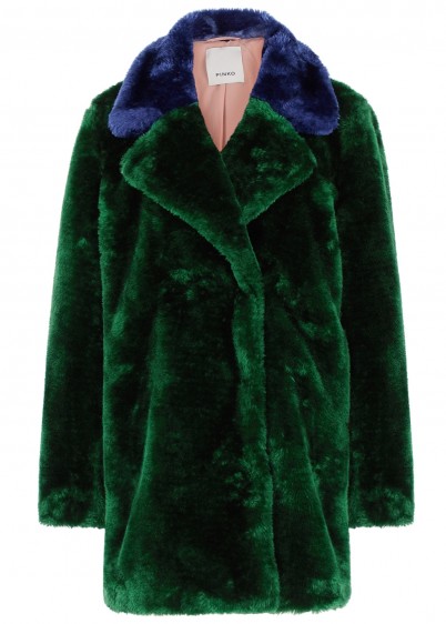 PINKO Bottle green faux fur coat | dark blue trim