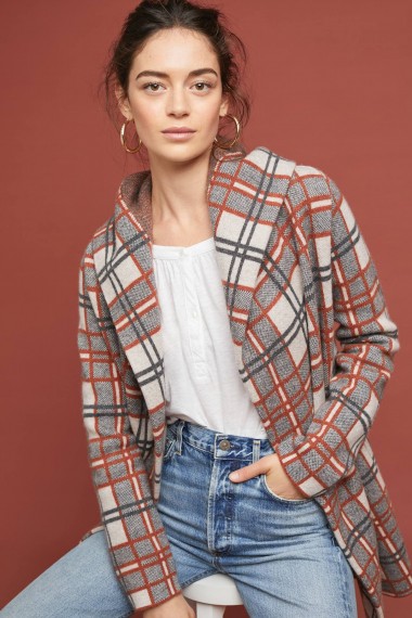 ANTHROPOLOGIE Plaid Wool Coat in Neutral / checked hooded jacket