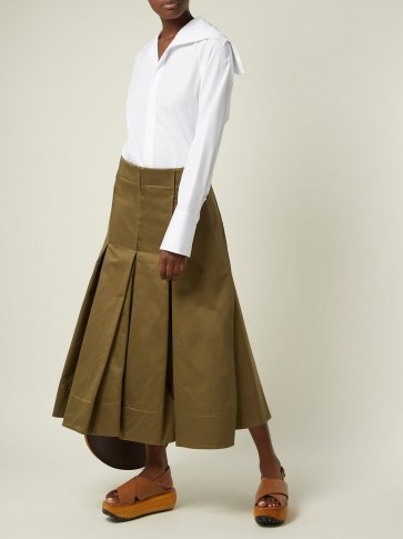 MARNI Pleated khaki-green cotton-sateen skirt ~ high waisted ~ box pleat front - flipped