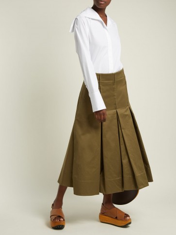 MARNI Pleated khaki-green cotton-sateen skirt ~ high waisted ~ box pleat front
