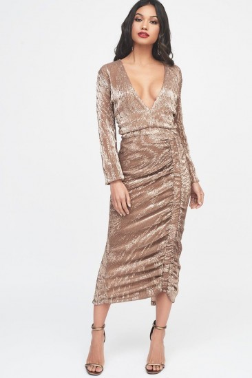 Lavish Alice pleated sequin ruched side midi dress in gold | plunge front glamour