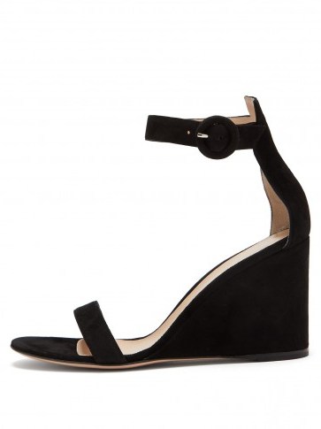 GIANVITO ROSSI Portofino 85 black suede wedge sandals | ankle strap wedges - flipped