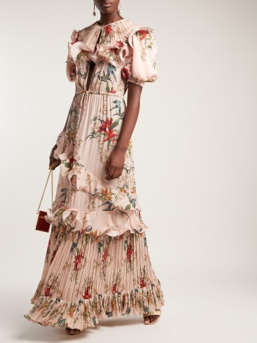 JOHANNA ORTIZ Queen of Sheeba dress – romantic light pink maxi – tropical flowers and bird prints