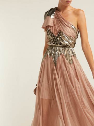 MARIA LUCIA HOHAN Rasha rose-pink pleated silk-blend one shoulder gown ~ long romantic event dress ~ metallic detail