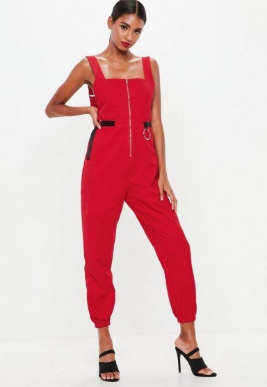 Missguided red backless utility dungaree jumpsuit | stylish utilitarian overalls - flipped