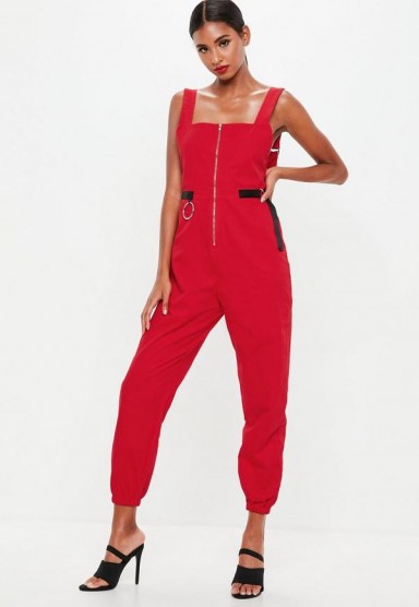 Missguided red backless utility dungaree jumpsuit | stylish utilitarian overalls