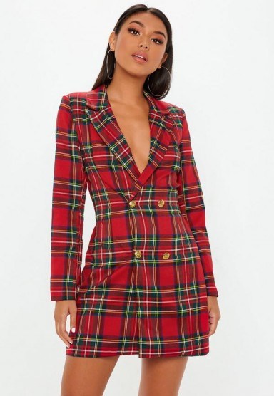 MISSGUIDED red checked blazer dress / plunging jacket dresses / tartan - flipped