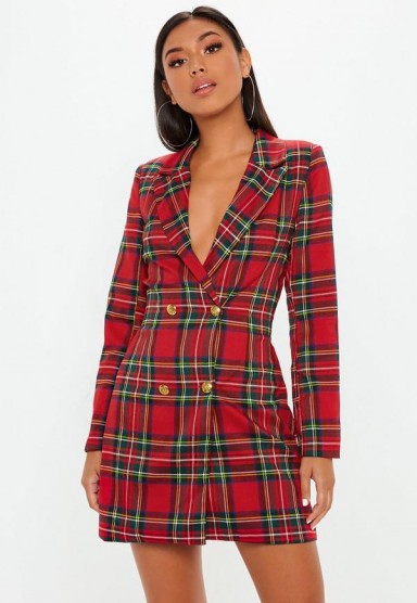 MISSGUIDED red checked blazer dress / plunging jacket dresses / tartan