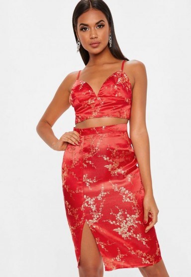 MISSGUIDED red oriental print split front midi skirt / floral prints - flipped