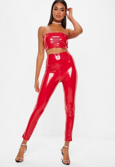 MISSGUIDED red vinyl high side leggings / high shine skinny pants