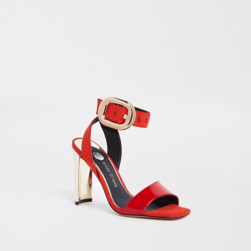 River Island Red wide fit gold tone buckle sandal – hot gold heels – strappy party shoes - flipped