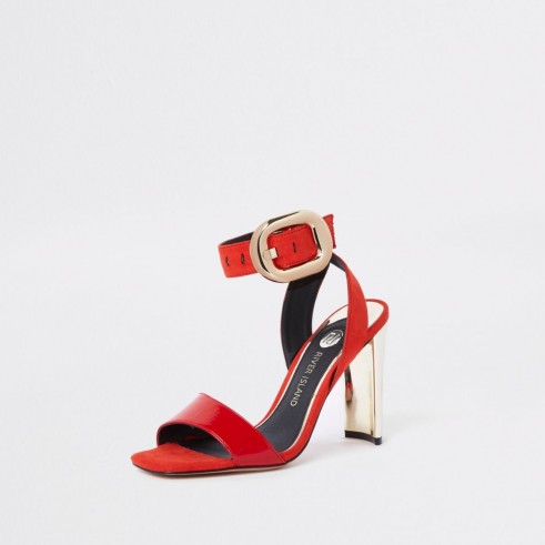 River Island Red wide fit gold tone buckle sandal – hot gold heels – strappy party shoes
