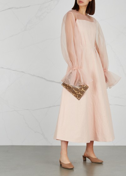 REJINA PYO Lois blush organza-panelled dress – sheer sleeves – fluted cuffs – feminine appearance