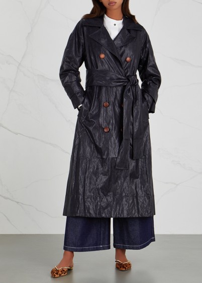 REJINA PYO Oil navy faux leather trench coat – stylish autumn outerwear