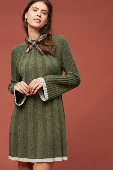 Anthropologie Ribbed Sweater Dress in Moss | green knitted dresses - flipped